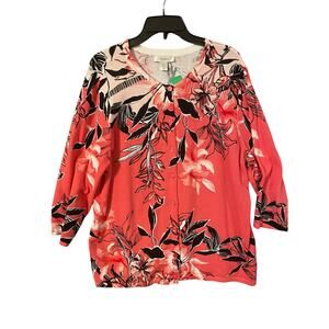 CJ Banks Melon, Black & White Floral Print Cardigan – 100% Cotton – Size XL‎